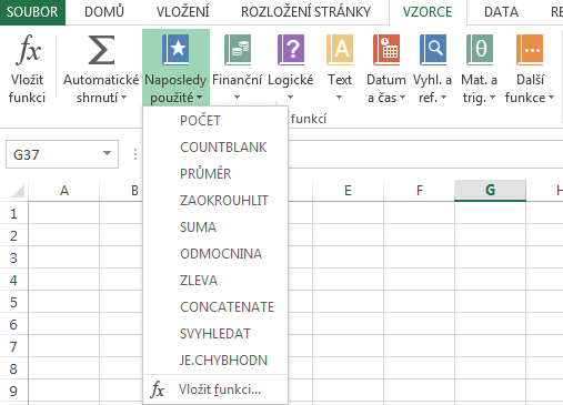 Excel vložení funkce