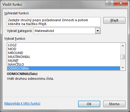 Excel výběr funkce tlacitko fx