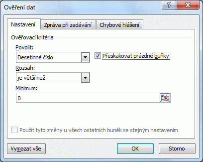 Excel ověření dat ukázka