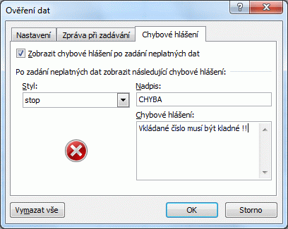 Excel ověření dat chyba