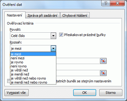 Excel ověření dat číselný interval