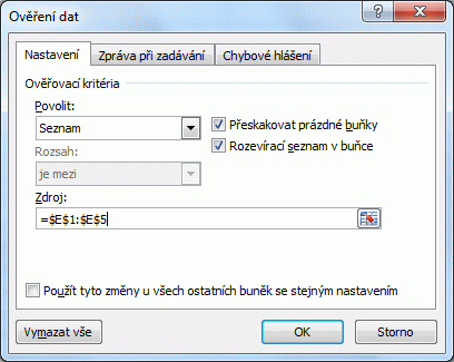 Excel ověření dat seznam