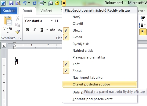 přidání naposledy otevřených na panel rychlý přístup