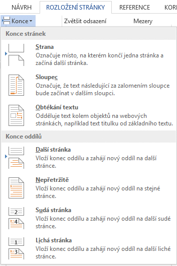 Word vložení konce oddílu