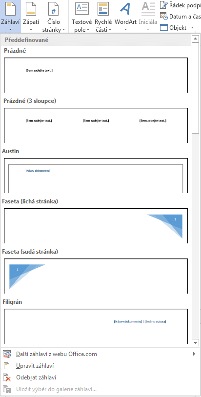 Word vložit záhlaví